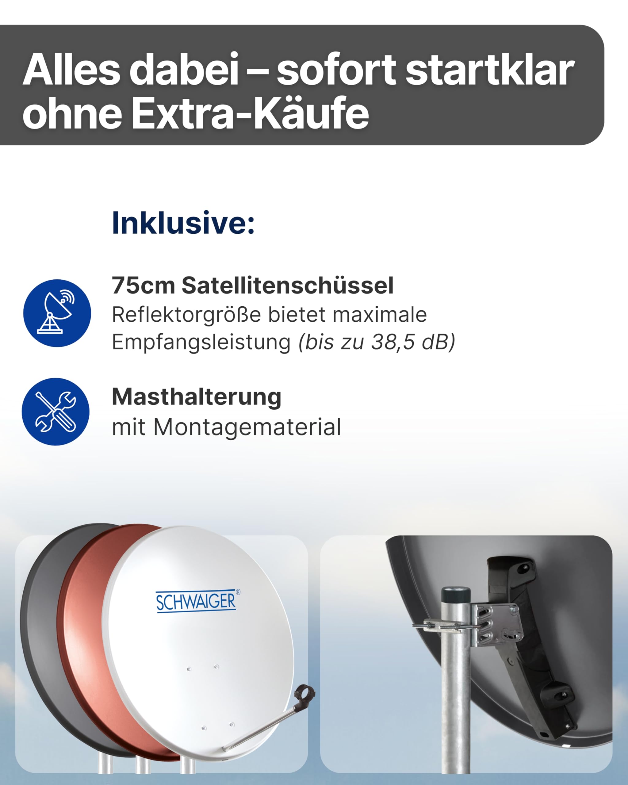SCHWAIGER Satellitenschüssel 80 cm Stahl Offset Antenne Multifeed wetterfest SAT Schüssel LNB Tragarm Masthalterung 38,5dB