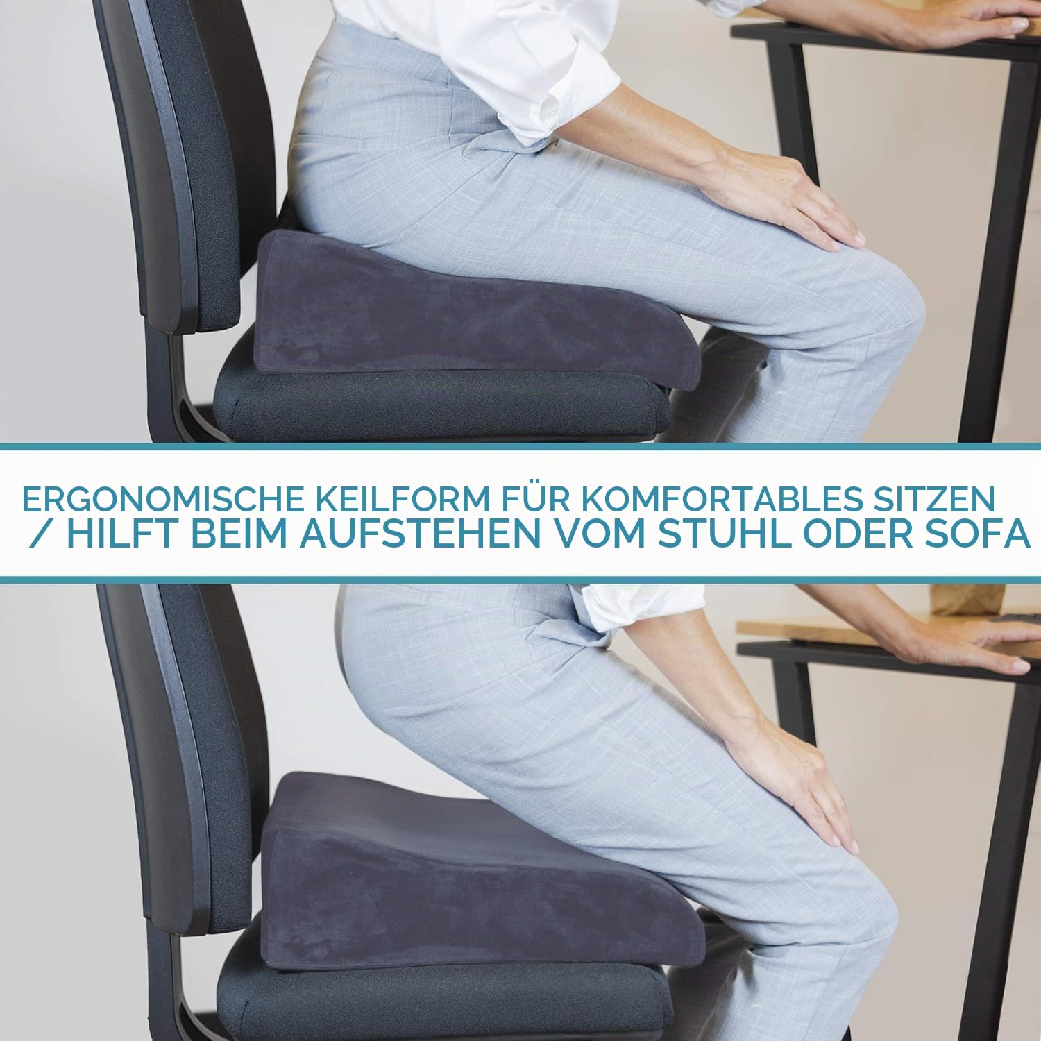bonmedico Sitzkissen orthopädisch 13 cm, Aufstehhilfe Anti Rutsch Grau | Sitzerhöhung Erwachsene & Senioren – Ergonomisches Keilkissen mit Memory Foam für Stuhl Büro Rollstuhl