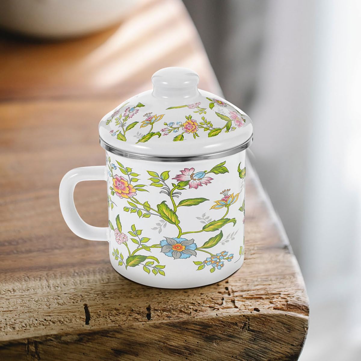 Traditioneller Emaille Trinkbecher 1250ml aus Emaille für Alltag | Anti Rutsch Griff, Anti Scalding Ausführung, Schöner Stil und Verarbeitung