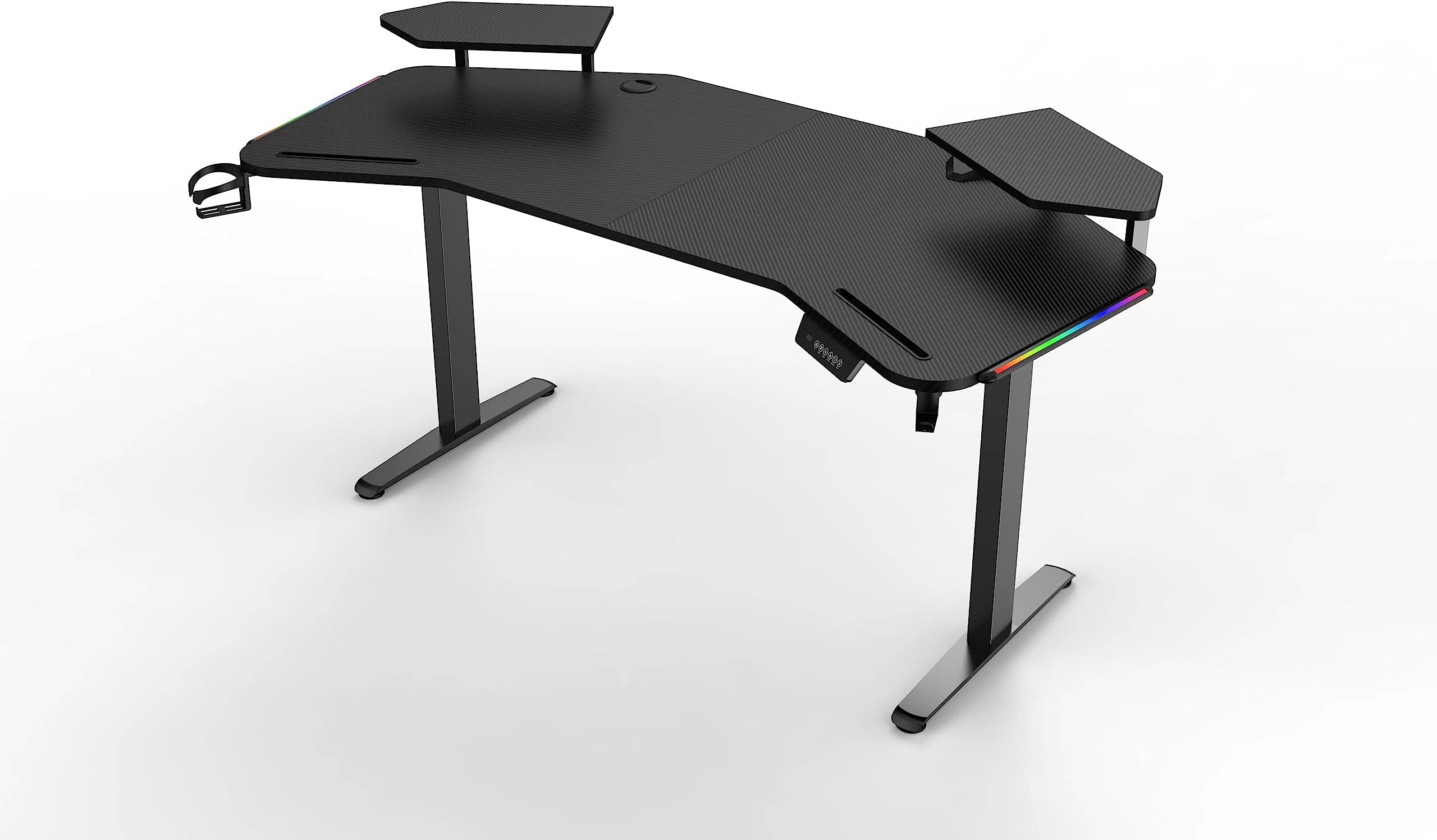 1.8M Adjustable Gaming Desk with Wing-Shaped Lifting Computer Desk Standing Work Bench RGB Mouse Pad, Studio Desk with Storage Shelf Headphone Hook Cup Holder