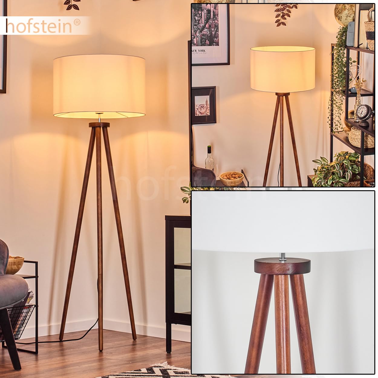 Stehleuchte Flemming, Stehlampe aus Holz/Stoff in Dunkelbraun/Weiß, Leuchte im skandinavischen Design mit rundem Schirm (Ø 50 cm) u. Fußschalter, Höhe 155 cm, 1 x E27, ohne Leuchtmittel