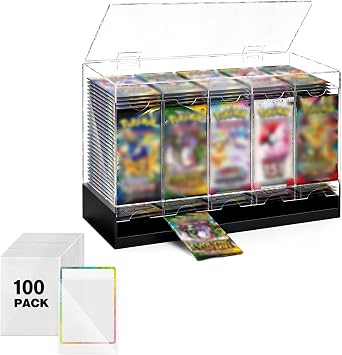 GGV 5-Slot Acrylic Booster Pack Dispenser, Black Base 200 Pack Capacity, Top Flip Lid, for Collection, Game Store & Card Show Display, includes 100 Count Card Sleeves