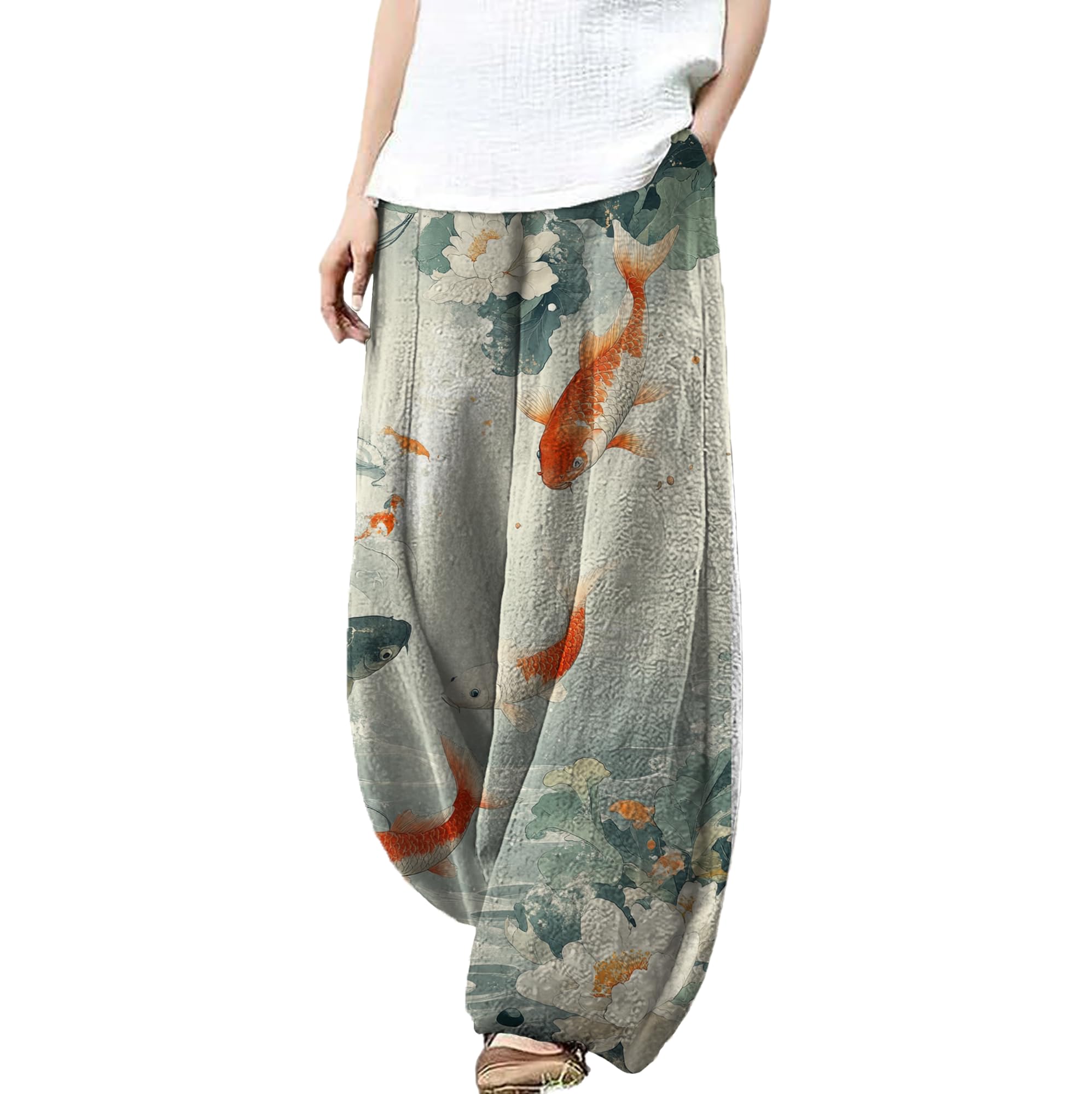 MARSVOVO Wide Leg Pants Woman Lounge Casual Cute Print Harem Pants Plus Size Elastic Travel Palazzo Pants with Pockets