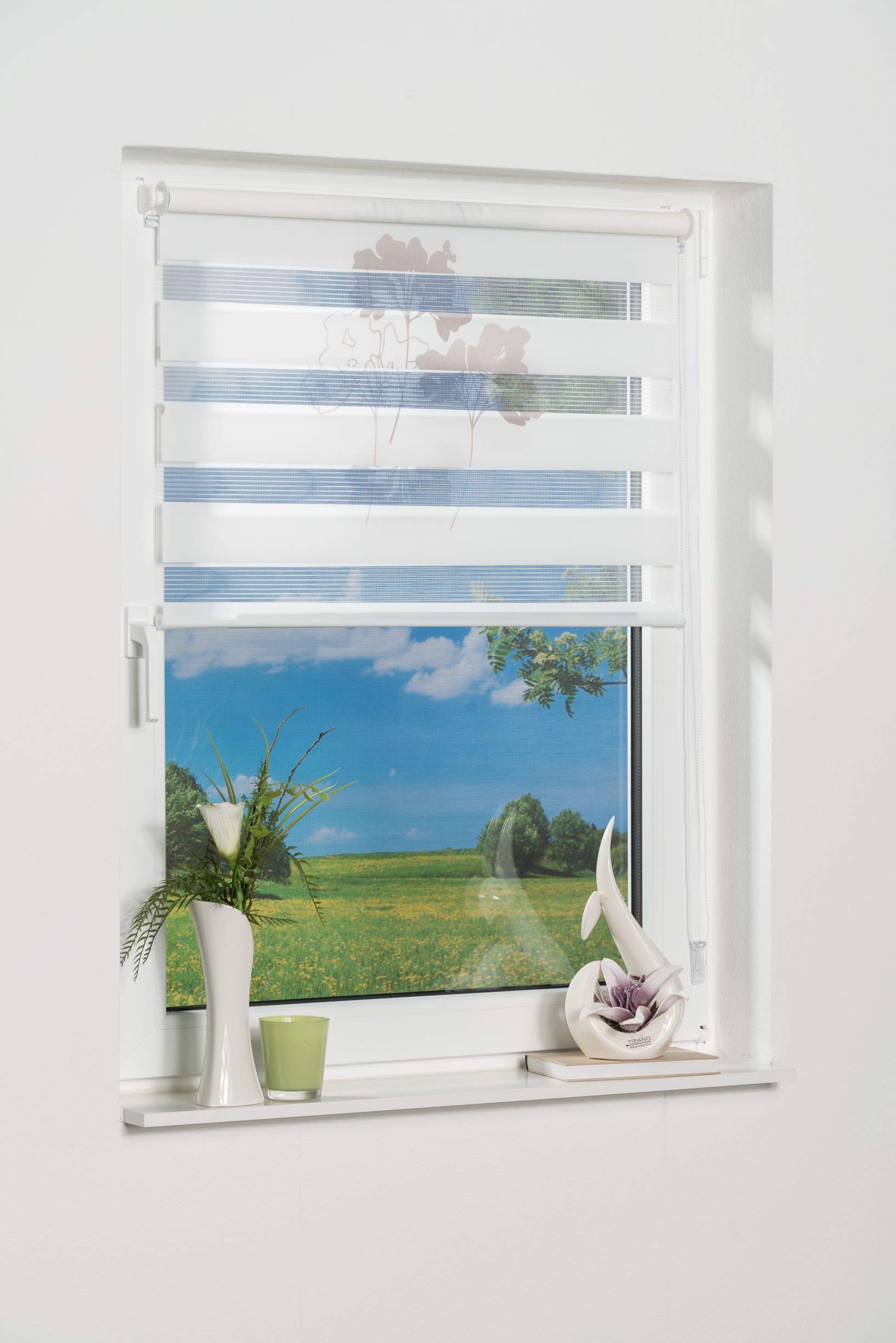 Khome K-home Klemmfix Doppelrollo Denia ohne Bohren Petrol-Grau 120 x 150 cm (B x L) Design:Blume – Bild 3