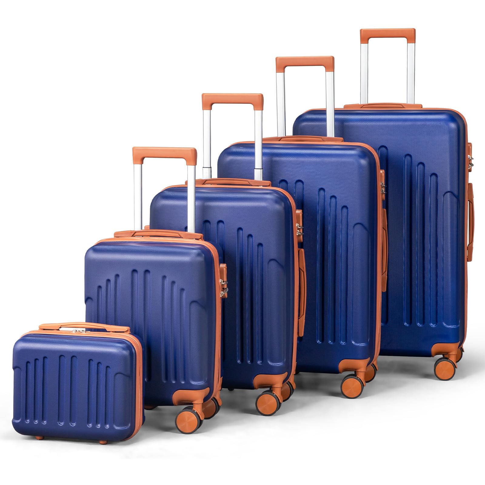 LALAHO Set de 5 Valises avec Vanity Case, Valise Grande Taille/Cabine, Petite Valise, Bagage Suitcase en ABS (Marine-Brun)