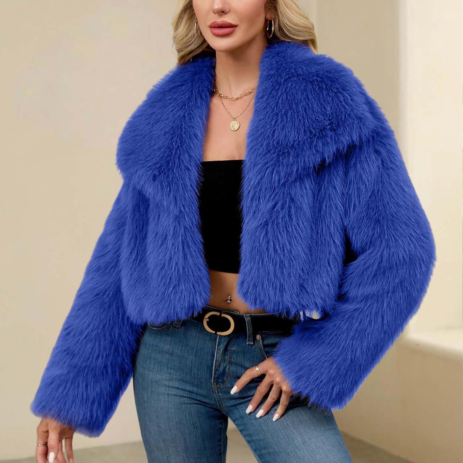 2025 Women's Faux Fur Coat Long Sleeve Fluffy Shaggy Jacket Collarless Casual Winter Warm Coat Outwear Cardigan