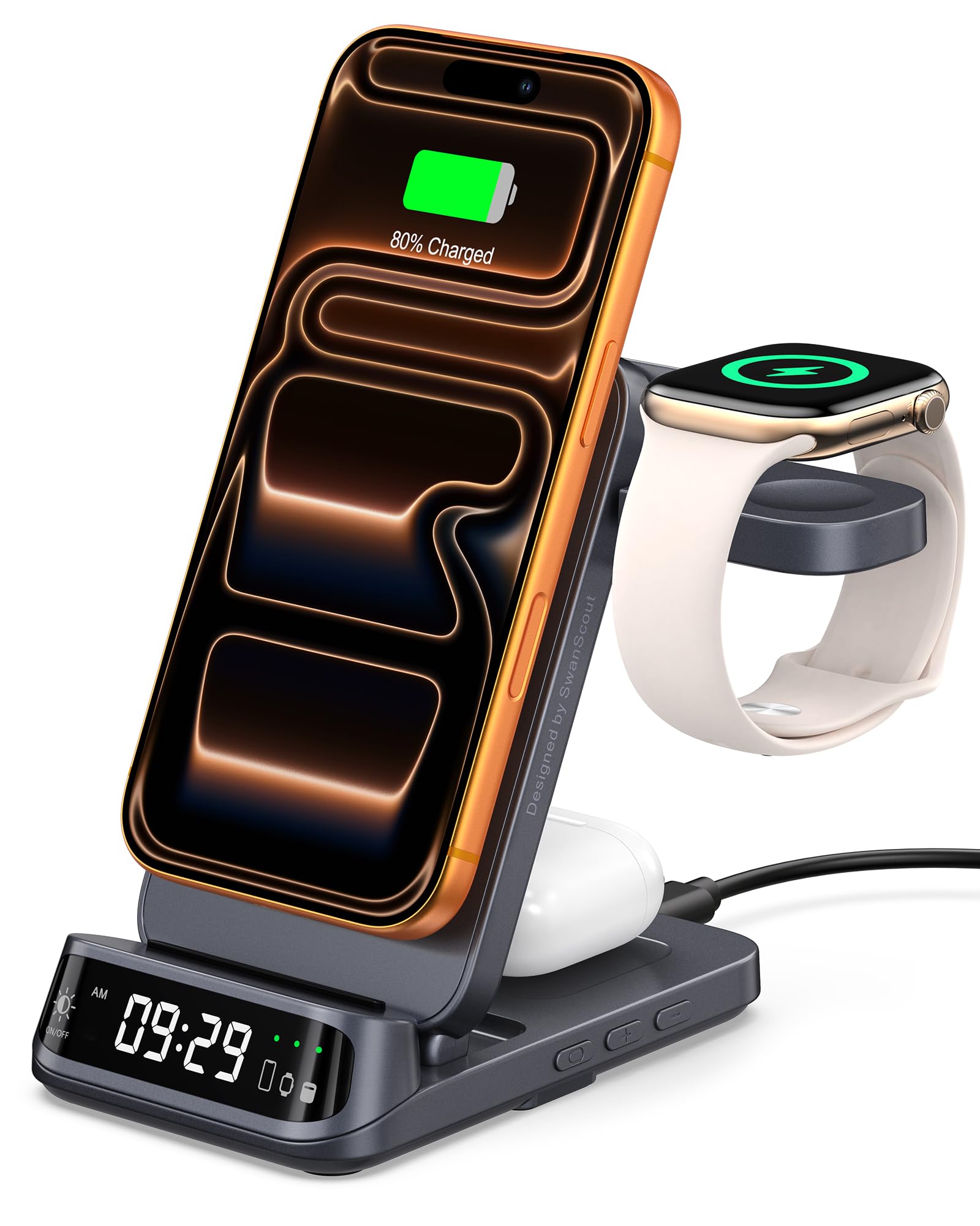 SwanScout Estación de Carga Inalámbrica para iPhone Air/17, Cargador Magnético Plegable 3 en 1 para iPhone 16/15/14/13/12, Apple Watch 11/10/9/8/7, AirPods Pro/4/3, SwanScout 708M (Sin Adaptador)