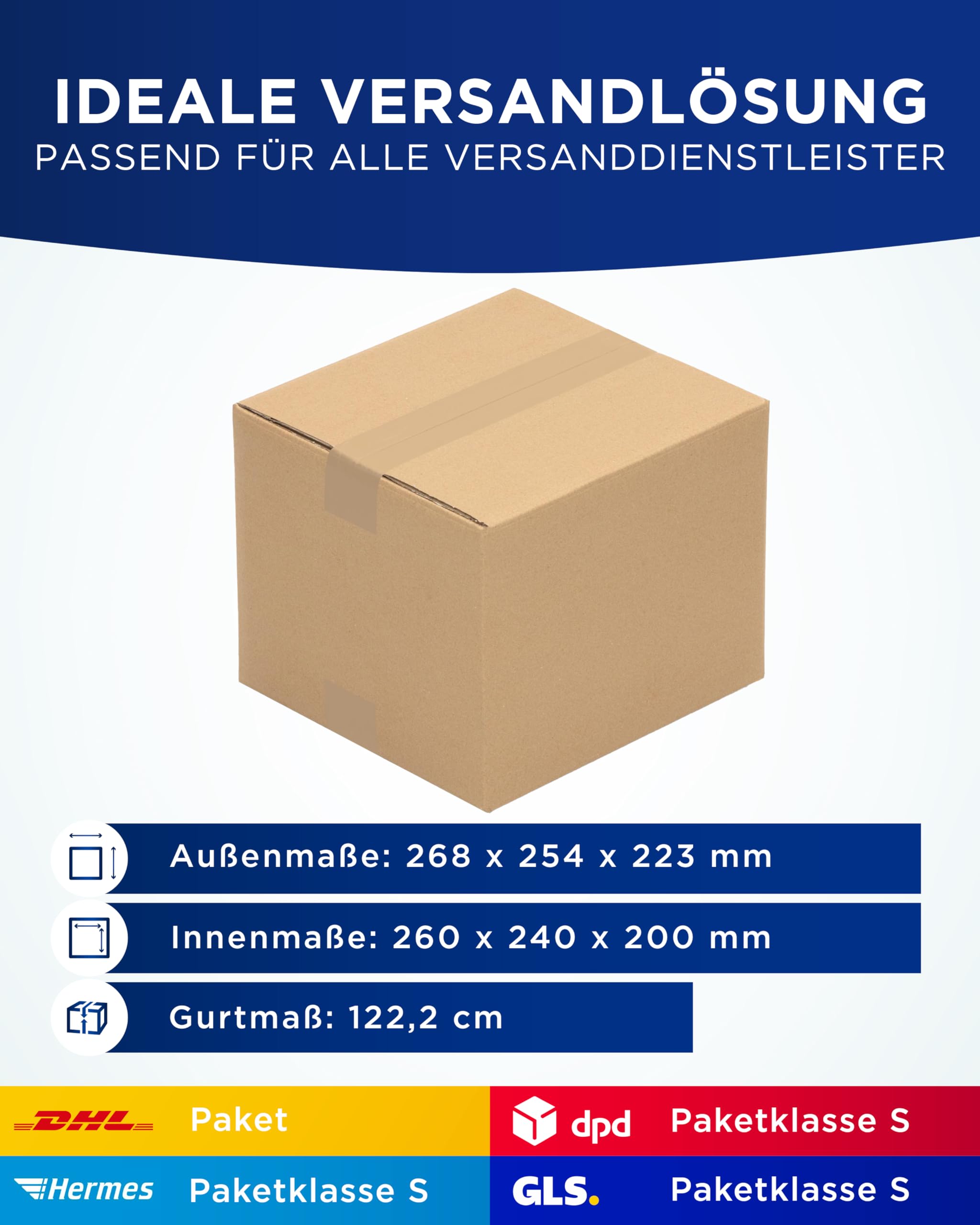 KK Verpackungen Versandkartons 260 x 240 x 200 mm Braun 2-wellig (Außenmaß 268 x 254 x 223 mm) | 50 Stück, Faltkartons Kartons geeignet für Versand als DHL Paket DPD Hermes GLS Paketklasse S (KK43)