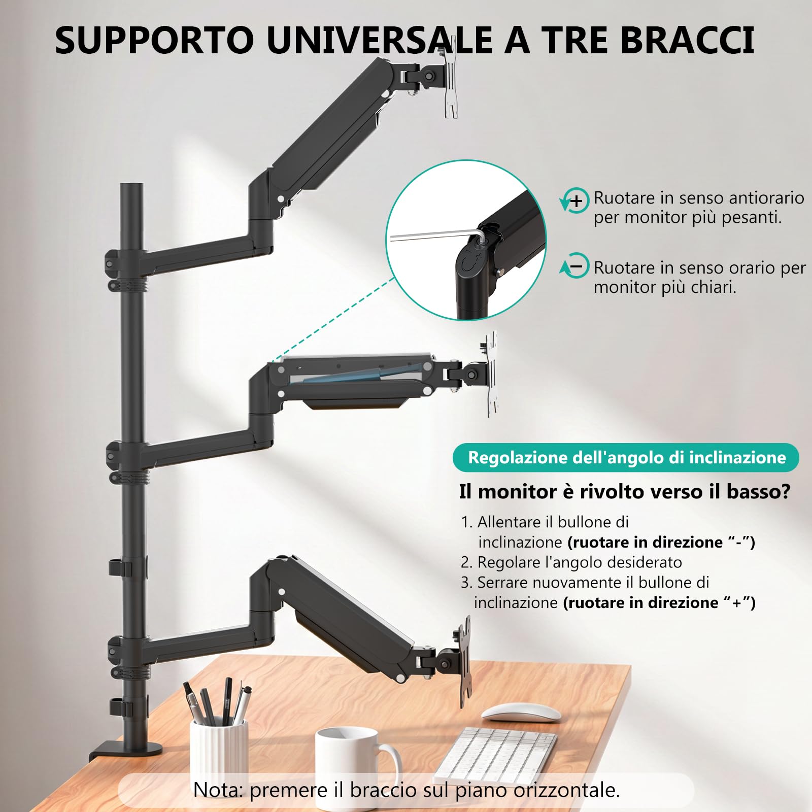 WALI Supporto triplo per monitor da 17-32 pollici, completamente regolabile per 3 monitor con morsetto e base con passacavo, braccio per monitor con molla a gas, fino a 9 kg ciascuno, VESA 75 x 75 100