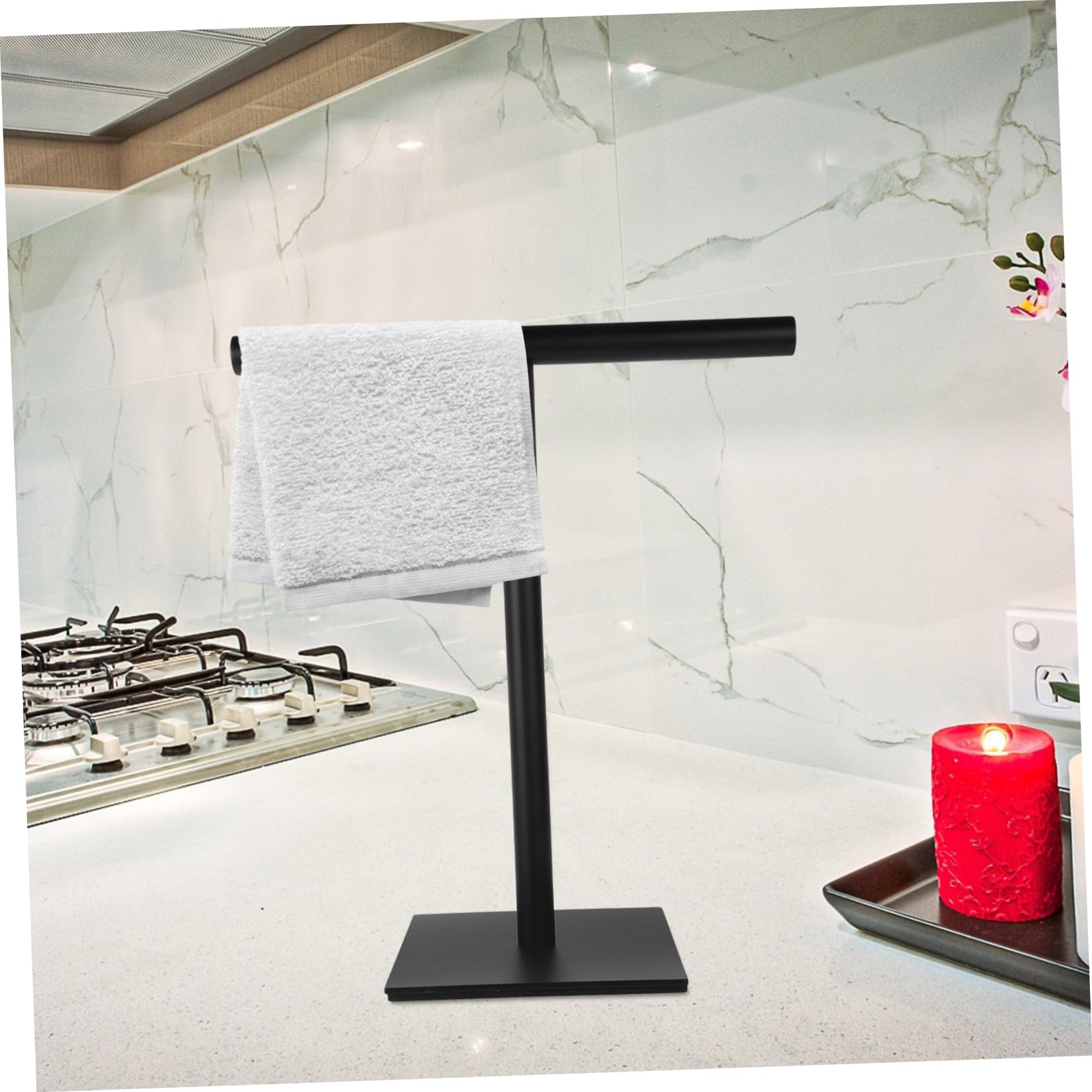 Toallero de acero inoxidable, soporte vertical en forma de T, base estable para encimera de baño, diseño que ahorra espacio y material resistente al óxido