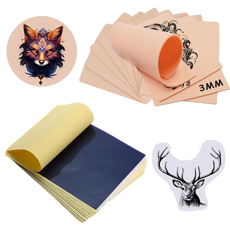 Kit de prática para tatuagem Sotica com 10 peles sintéticas de silicone de 3 mm e 20 papéis de transferência