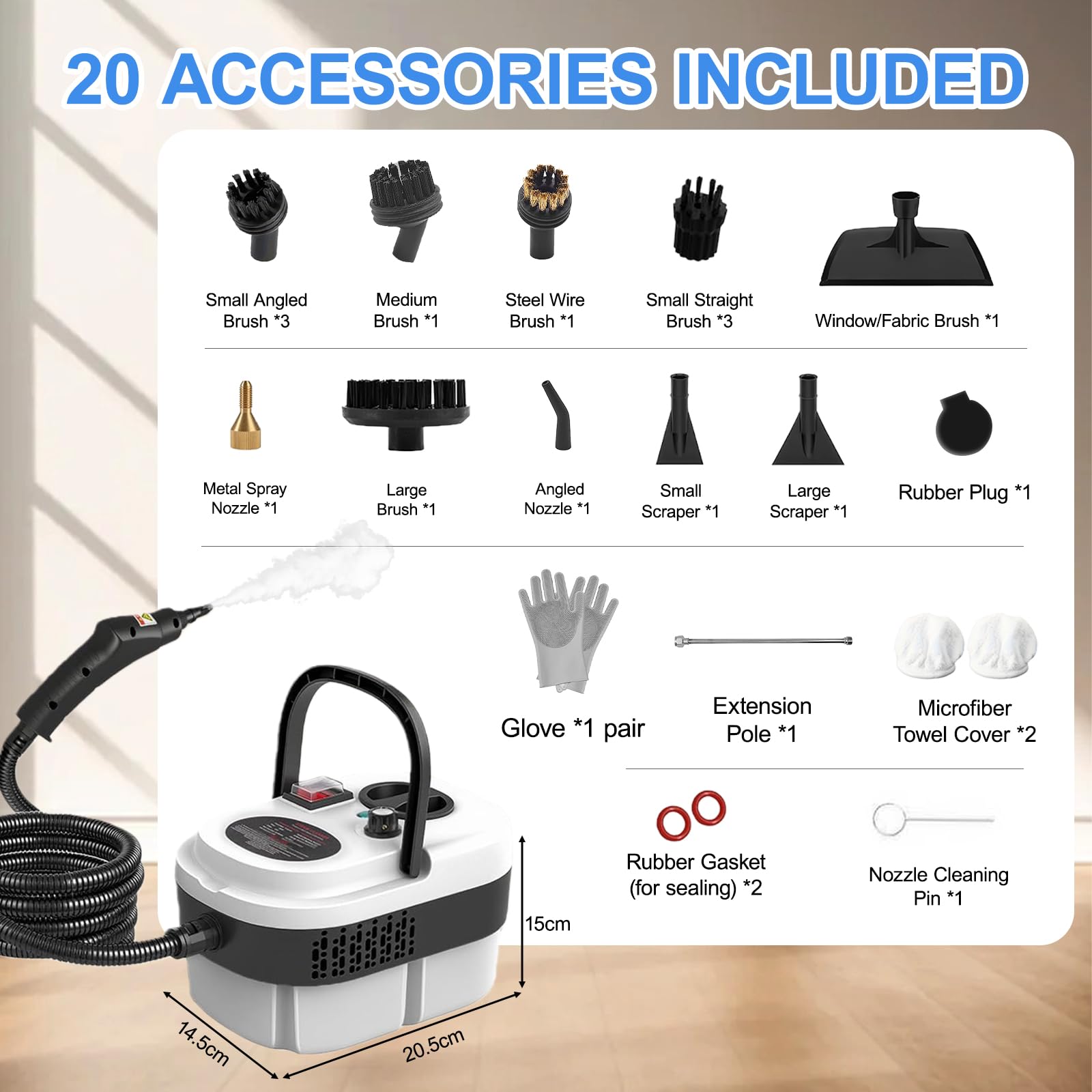 Limpiador a vapor 30 segundos de tiempo de calentamiento, depósito de agua de 1,2 l, 20 accesorios para suelos, ventanas, baño, sin productos químicos, certificado GS (blanco)