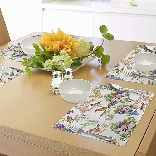 Miniatura 3 de Ambesonne Juego de 4 manteles individuales florales, diseño de acuarela salvaje exótico ruiseñor y ramas de flores de primavera, arte botánico,
