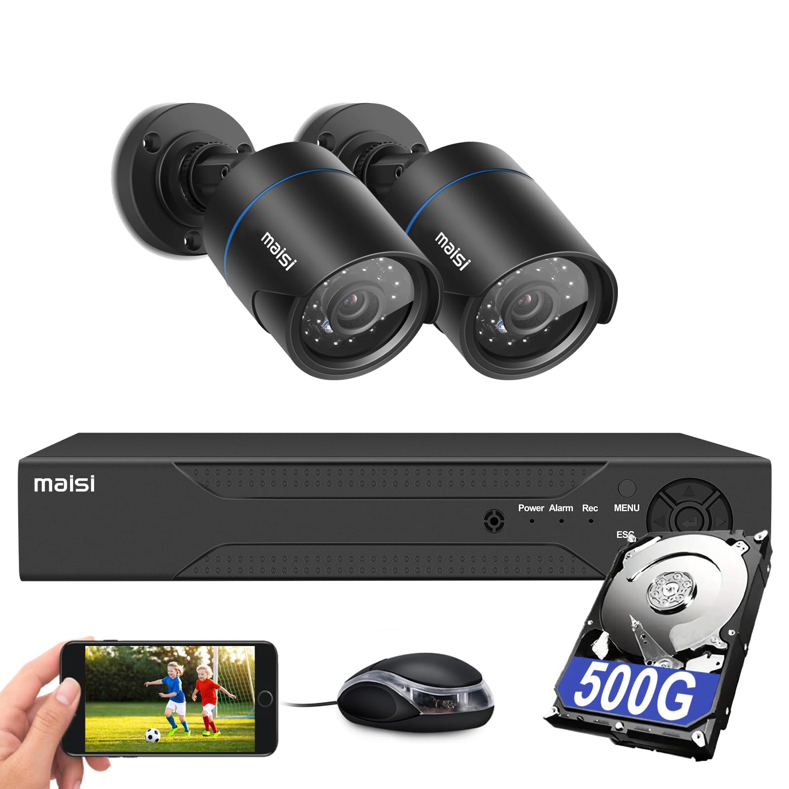 Maisi 4 Channel Smart DVR CCTV Camera System with 500GB Hard Drive, 2x 5MP Weatherproof Outdoor Security Bullet Camera, Night Vision, Remote Access, Motion Detection