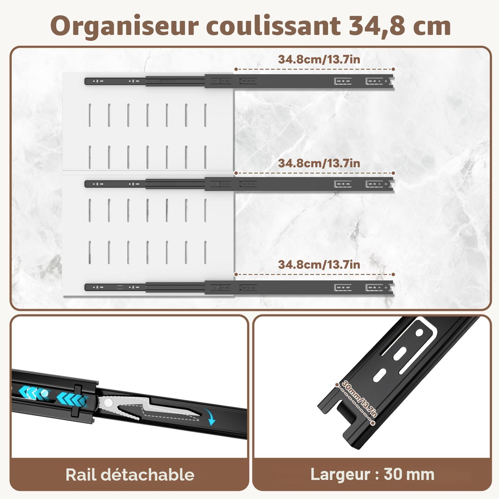 Tiroir Coulissant Cuisine 2 Pièce, Installation double améliorée, compatible avec tous les meubles de cuisine, Tiroir Télescopique Extensible à rail robuste améliorés de 32 à 52 cm