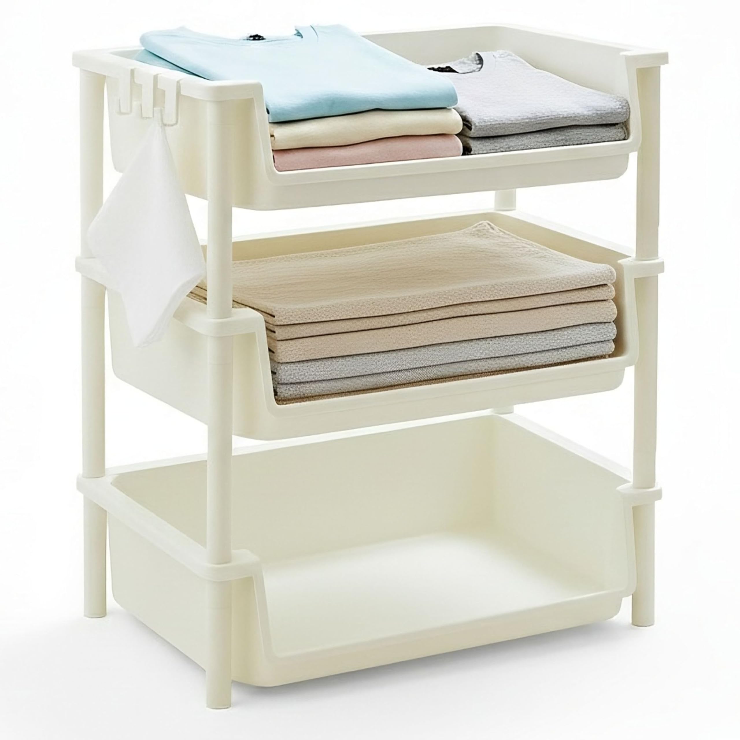 ABBAware Easy-Access Clothes Organiser | 3-Tier Storage Unit for Nursery | Ivory White Wardrobe Shelf with Side Hooks
