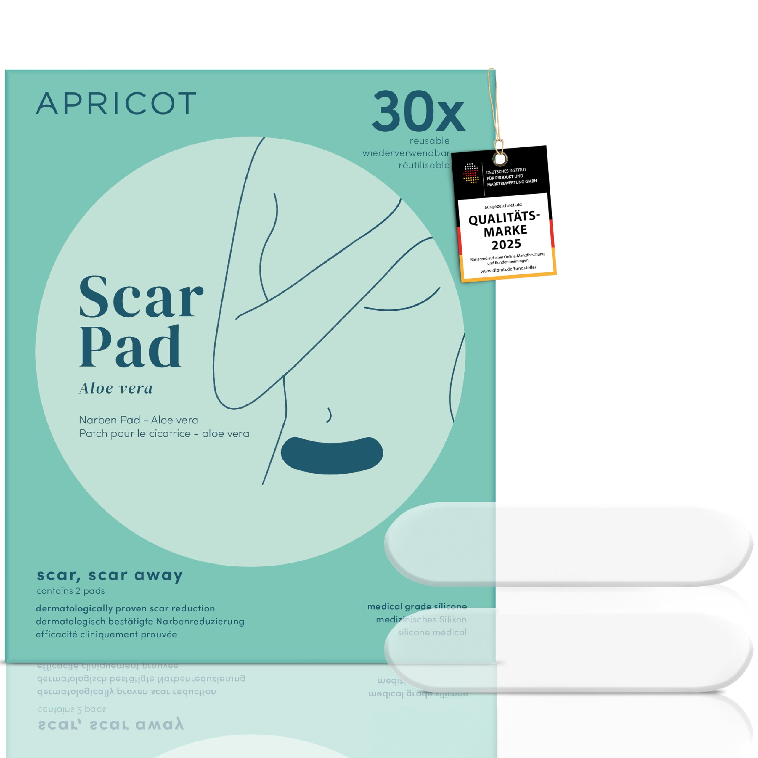 APRICOT „Scar, scar away“ Narben Pad I Wiederverwendbare Narbenpflaster mit Bio Aloe-Vera I Silikonpflaster für die Narbenpflege nach Kaiserschnitt, Blinddarm OP, allgemeine Wundheilung