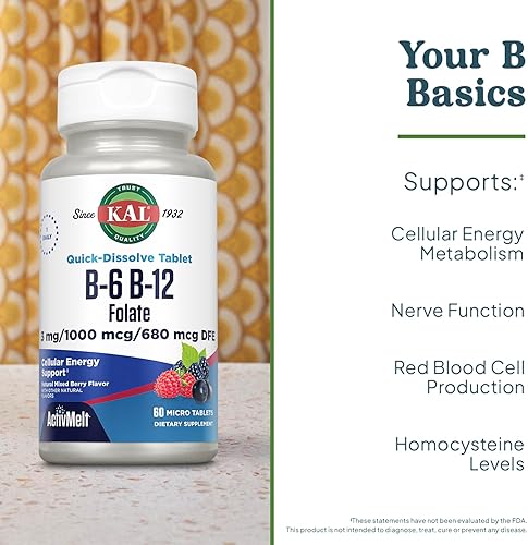Miniatura 3 de KAL Vitamina B-6, B-12 y suplemento de ácido fólico, salud cardíaca, energía y apoyo de glóbulos rojos*, con vitamina B12 metilcobalamina y folato,