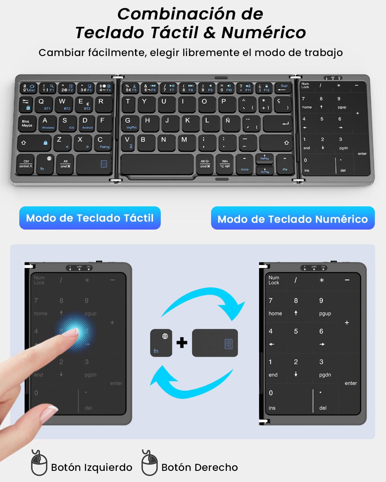 MoKo Teclado Plegable Español Ñ, Teclado Inalámbrico Bluetooth | Con Panel Táctil y Teclados Numérico, Teclados Portátil USB-C Recargable, para Windows iOS Android Tablet/Móvil/PC