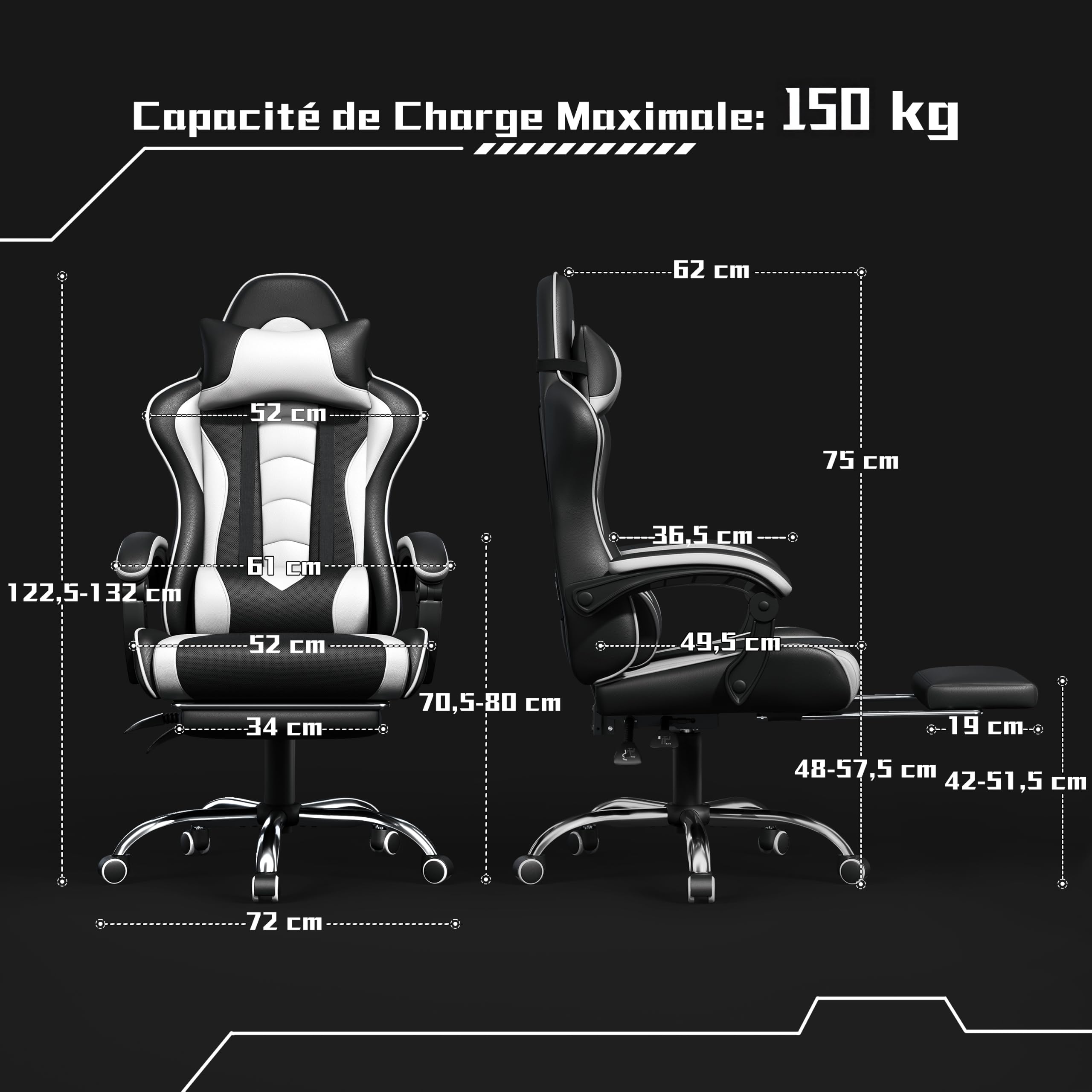 Yaheetech Chaise Gaming Ergonomique Massante avec Repose-Pieds Inclinable Rembourré en Similicuir, Fauteuil de Bureau avec Appui-tête et Support Lombaire Roues Pivotantes Blanc