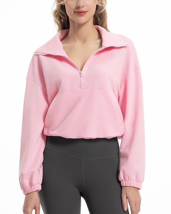 FKEEP Quarter Zip Pullover Women Cropped Sweatshirt Long Sleeve Crop Top Stand Collar Drawstring Casual Pullover Pink by FKEEP - Used condition - Image 6