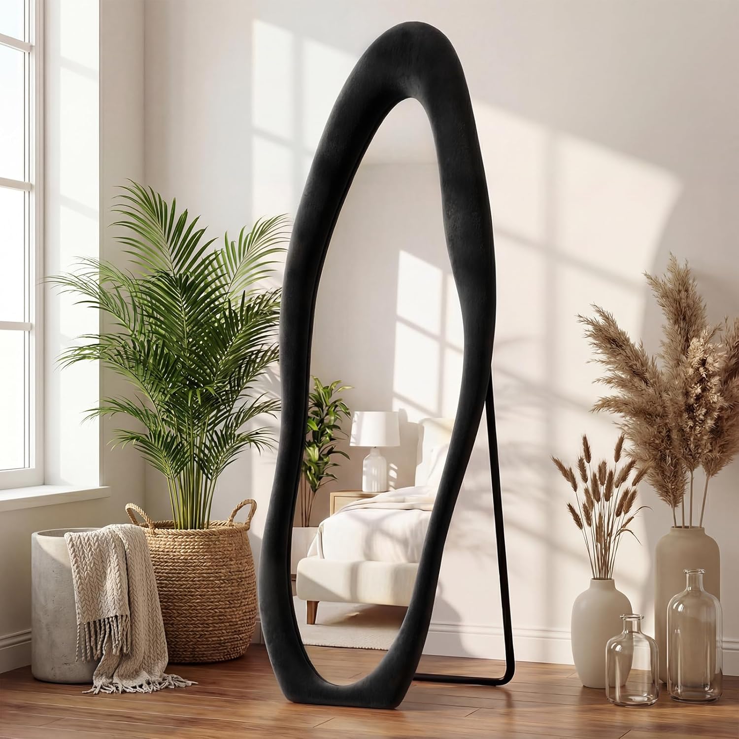 ZHUNFA Full Length Mirror, 65×24 Mirror Full Length Wall Mounted Wrapped in Flannel, Featuring an Irregular Cloud Shaped Design, Room, Bedroom, Living Room Home Decor, Black.