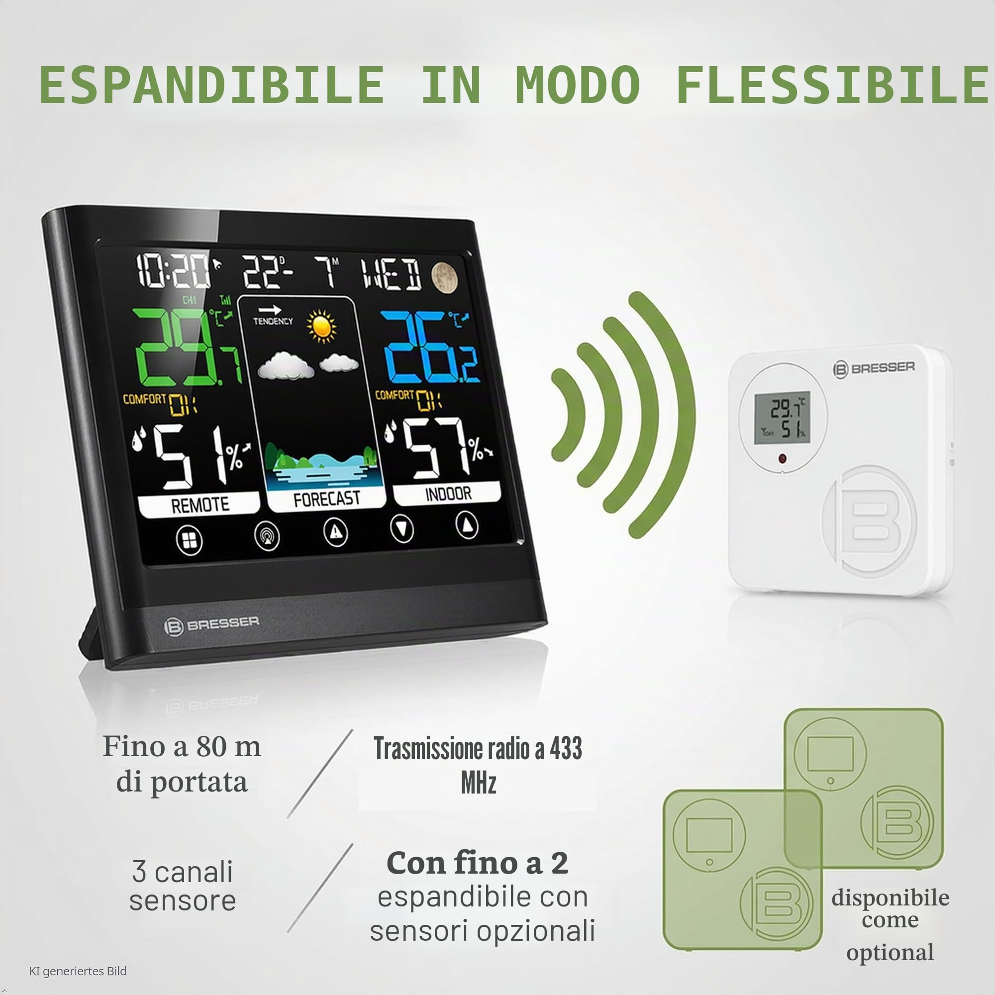 Bresser MeteoTemp BF Stazione meteo radio con display touch, sensore esterno radio, pressione dell'aria, previsioni meteo, indicatore di temperatura ambiente, umidità e ricezione del segnale orario
