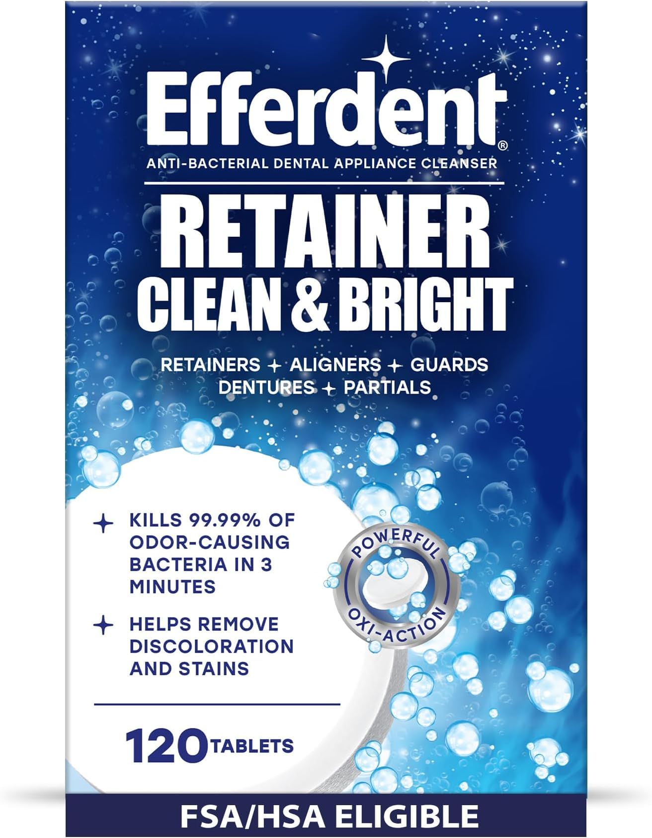 Efferdent Retainer Cleaner Tablets for Aligners, Mouth Guards &amp; Night Guards, Clean &amp; Bright, 120 Count, 3-Minute Daily Retainer Cleaner, Tough Stain &amp; Odor Remover for Dental Appliances (Pack of 6)