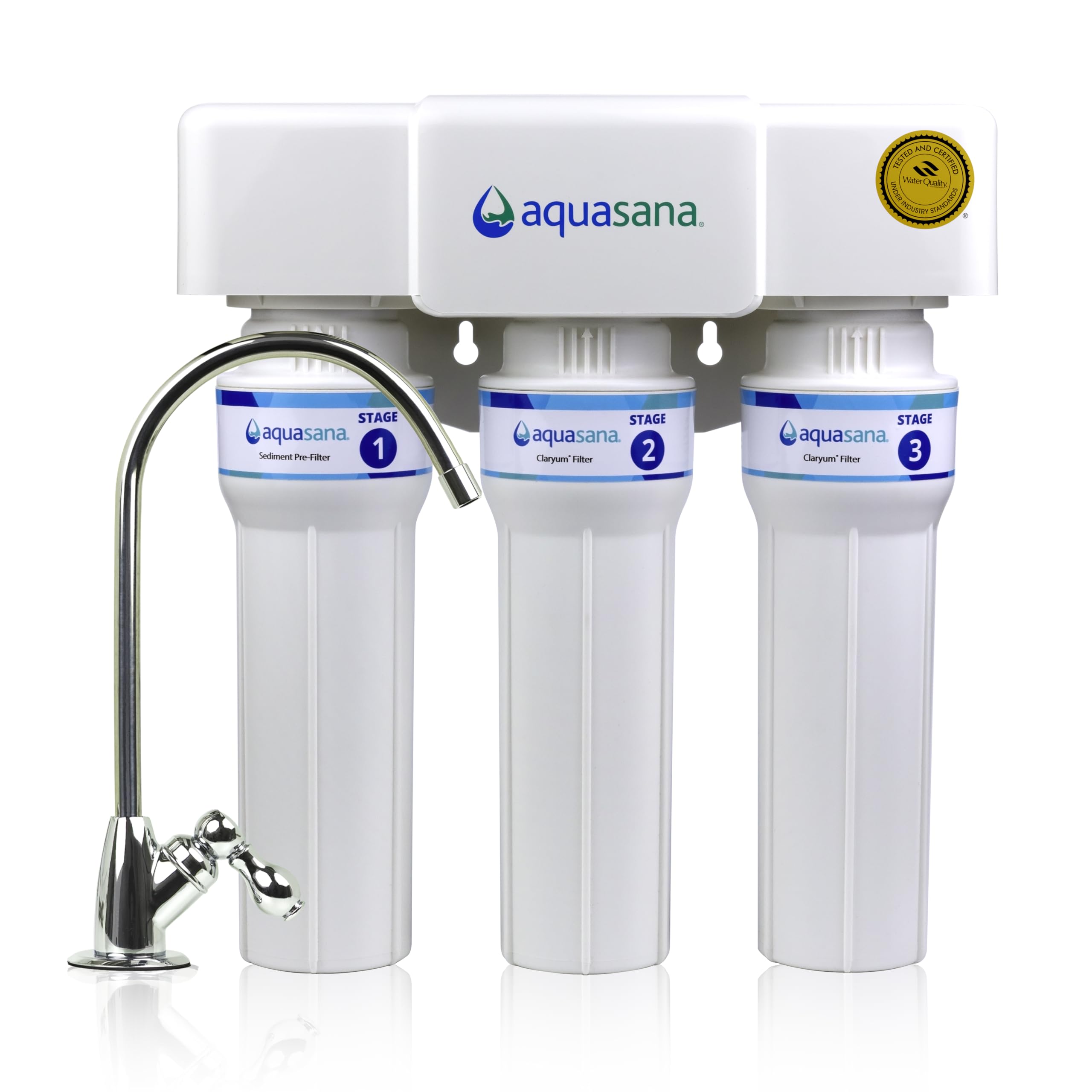 Aquasana Under Sink Water Filter | 3-Stage Max Flow Filtration | Certified to Reduce up to 99.99% of PFAS, Lead, Chlorine, & More | Under Counter Drinking Water Filter | Chrome Faucet | AQ-6300M-CHR