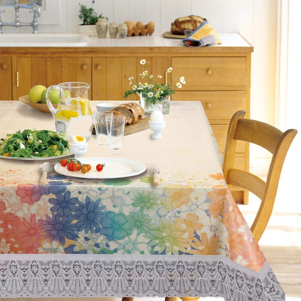 Freelance PVC Magnolia Dining Table Cover Cloth Tablecloth Waterproof Protector, 4-6 Seater, 54 X 78 inches, Rectangle (with White-Laced Edges), Product of Meiwa, Japan