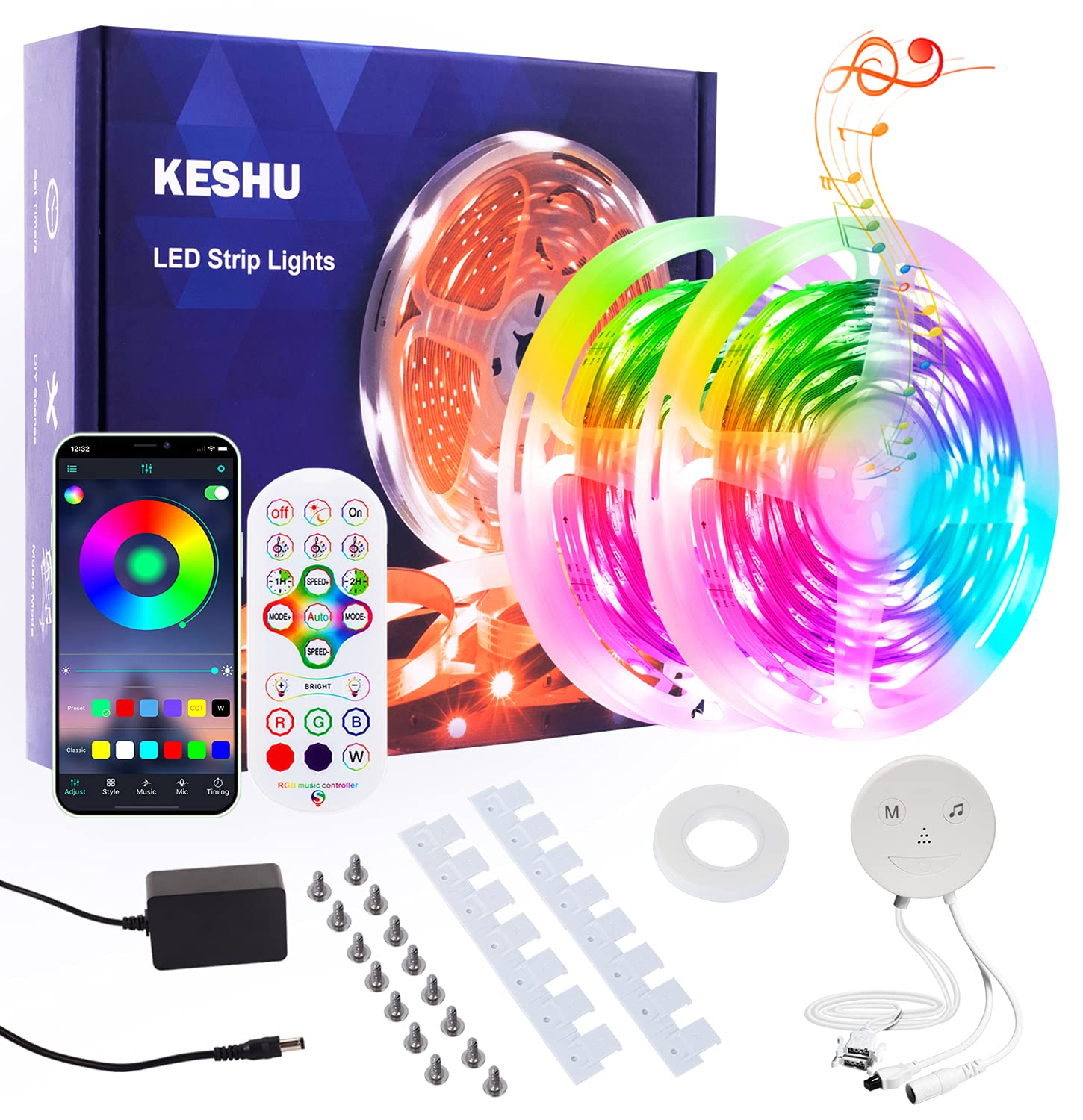 Amazon.com: LED Strip Lights 50ft Led Lights for Bedroom RGB Led Strip  Lights KESHU Smart LED Lights Strip Bluetooth App Control Music Color  Changing Lights for Living Room Kitchen Home Indoor :