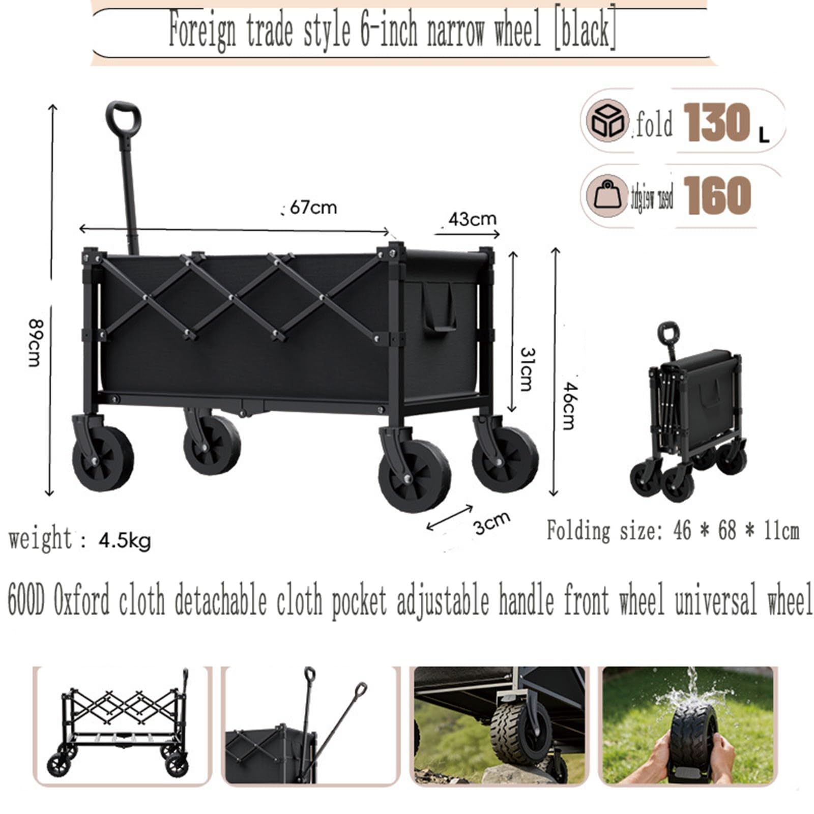 Carrello da Spiaggia Pieghevole Carrello da Giardino Portatutto con Ruote per Ogni Tipo di Terreno Braccioli Regolabili Ruote Rimovibili e Sacchetti per Tazze per Campeggio B