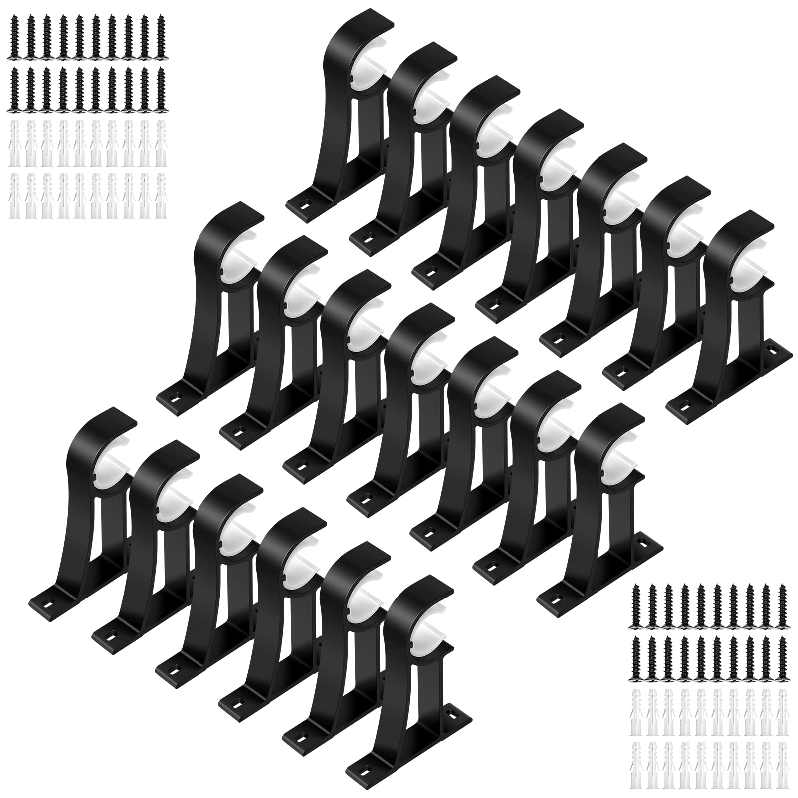 KOLAKO Curtain Rod Bracket, 20 Pack Heavy Duty Holders, Black Rod Hooks for Wall Support Brackets for 1 Inch Drape Poles