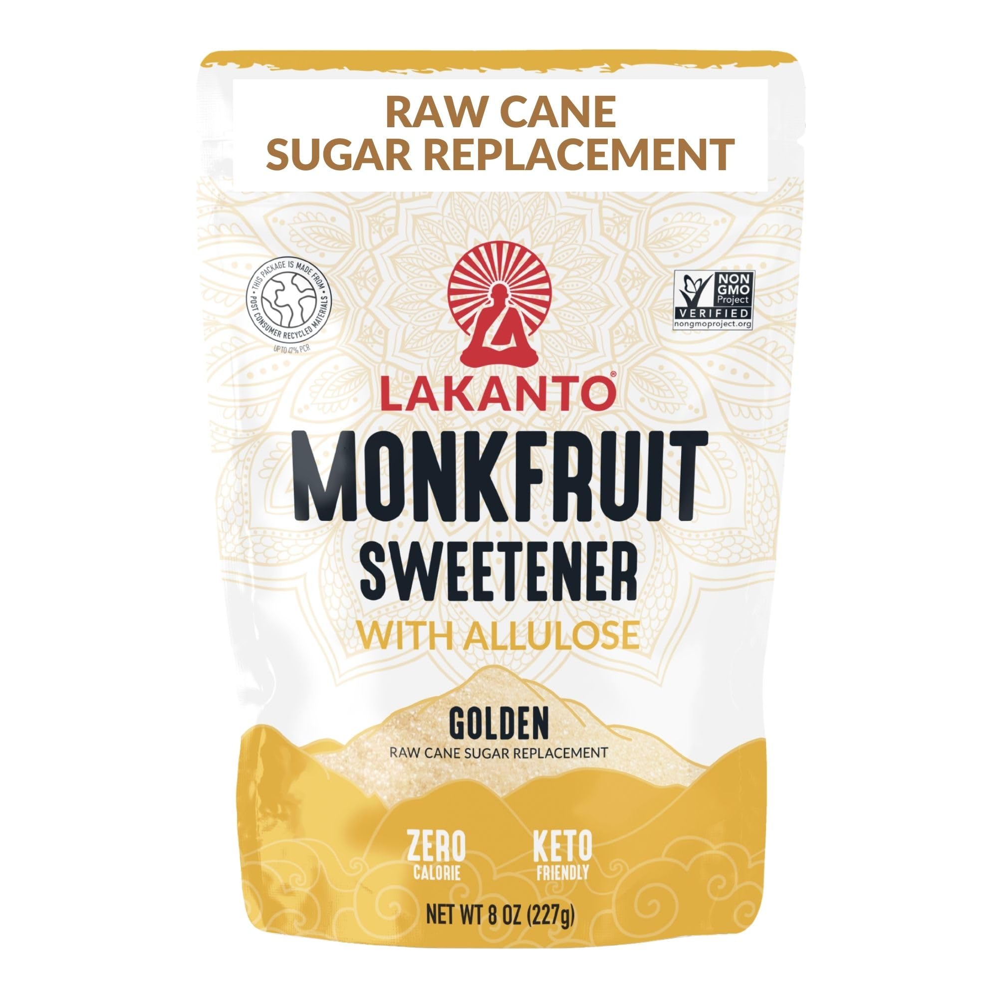 Lakanto Golden Monk Fruit Sweetener With Allulose, Raw Cane Sugar Substitute From Monk Fruit Extract, Raw Sugar Replacement for Baking, Coffee & Tea, Gluten Free, Low Carb, Non GMO, Keto, 8 OZ Bag
