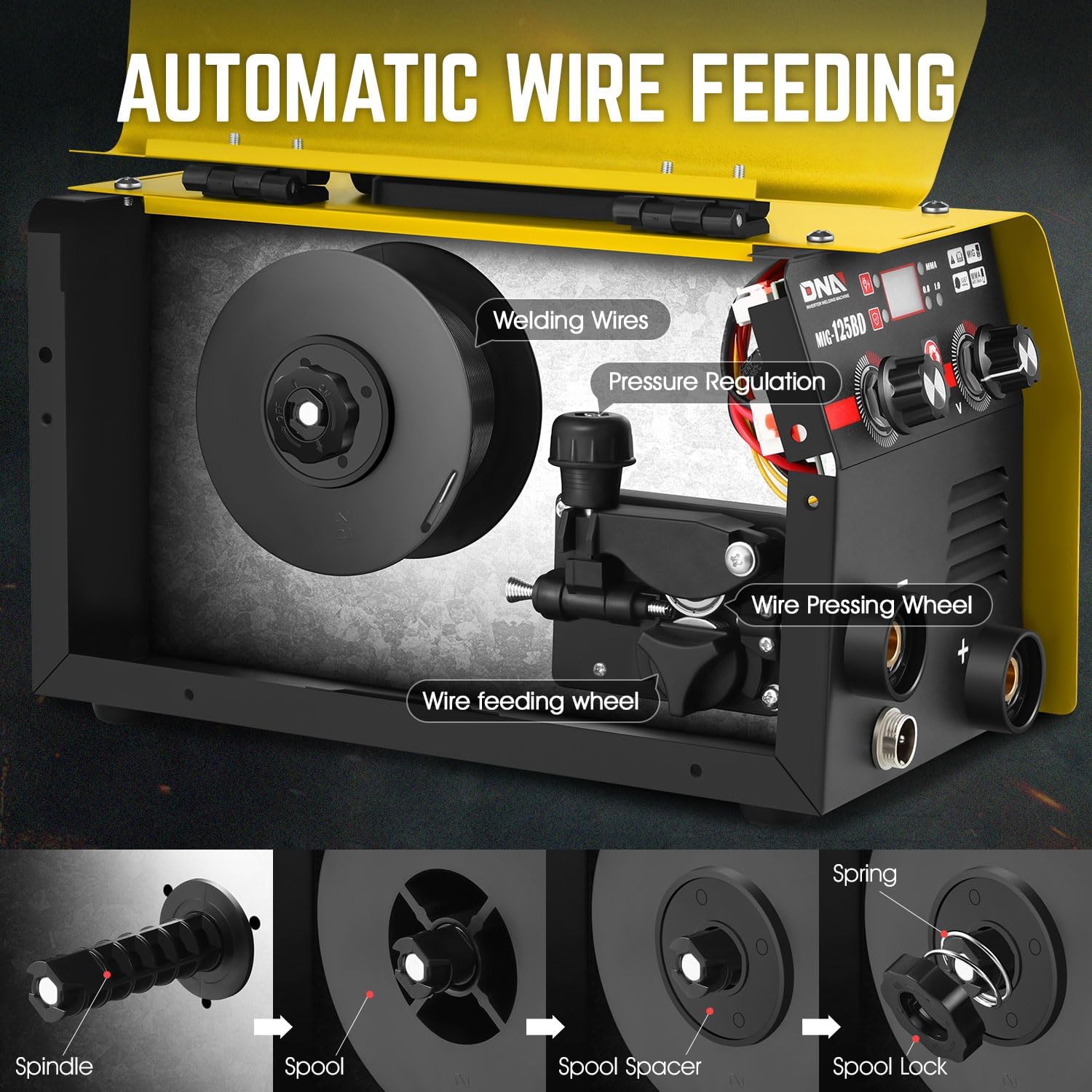 DNA Motoring 125A/110V Flux Core MIG Welder, Gasless MIG/Lift TIG/Stick Welder, 3 in 1 Portable Welding Machine, IGBT Inverter Welder for Home DIY, Garage, w/LED Digital Display, Yellow, TOOLS-00379