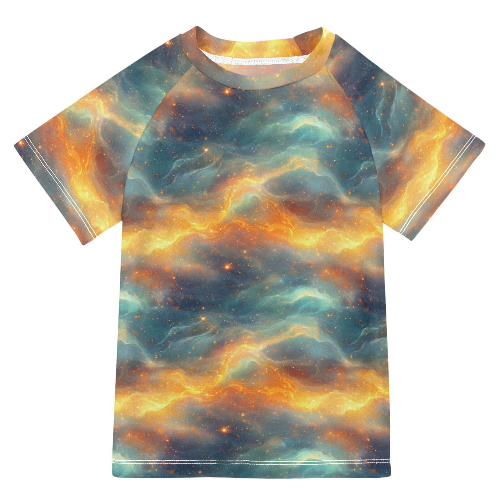 Boy Bathing Suit Short Sleeve Girl Rash Guard 11T Orange Teal Rainbow