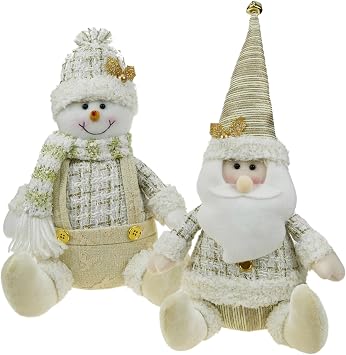 Set of 2, 11" H Sitting Christmas Figures Soft Stuffed Santa and Snowman, Tabletop Decor Plush Toy for Xmas Holiday Party Decor Style B