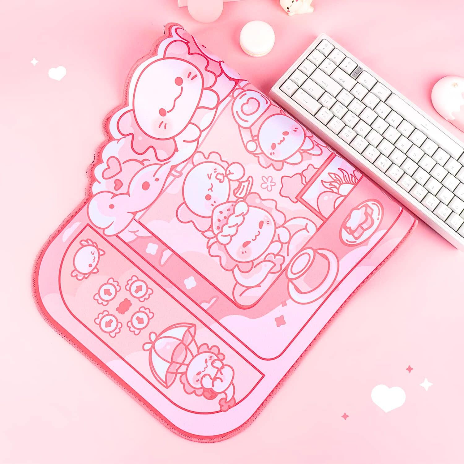 BelugaDesign Axolotl - Tappetino da scrivania kawaii, con base antiscivolo, lavabile in lavatrice, per tastiera, PC e laptop, colori pastello (rosa bianco)