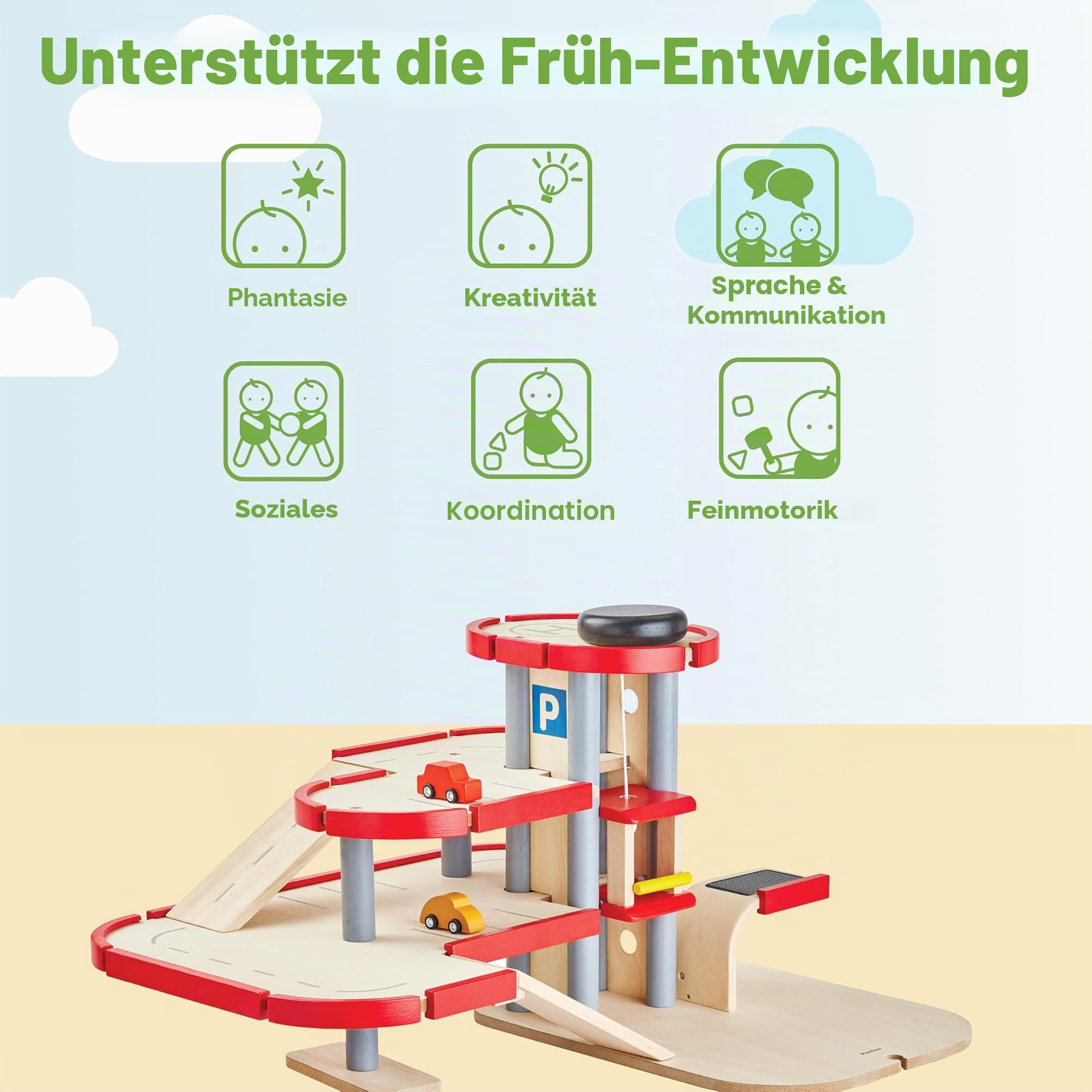 PlanToys Parkhaus für Kinder 3 jahre - Autobahn Kinder inkl. 2 Autos - Autorennbahn aus Holz - Parkgarage Holz - nachhaltiges Holzspielzeug