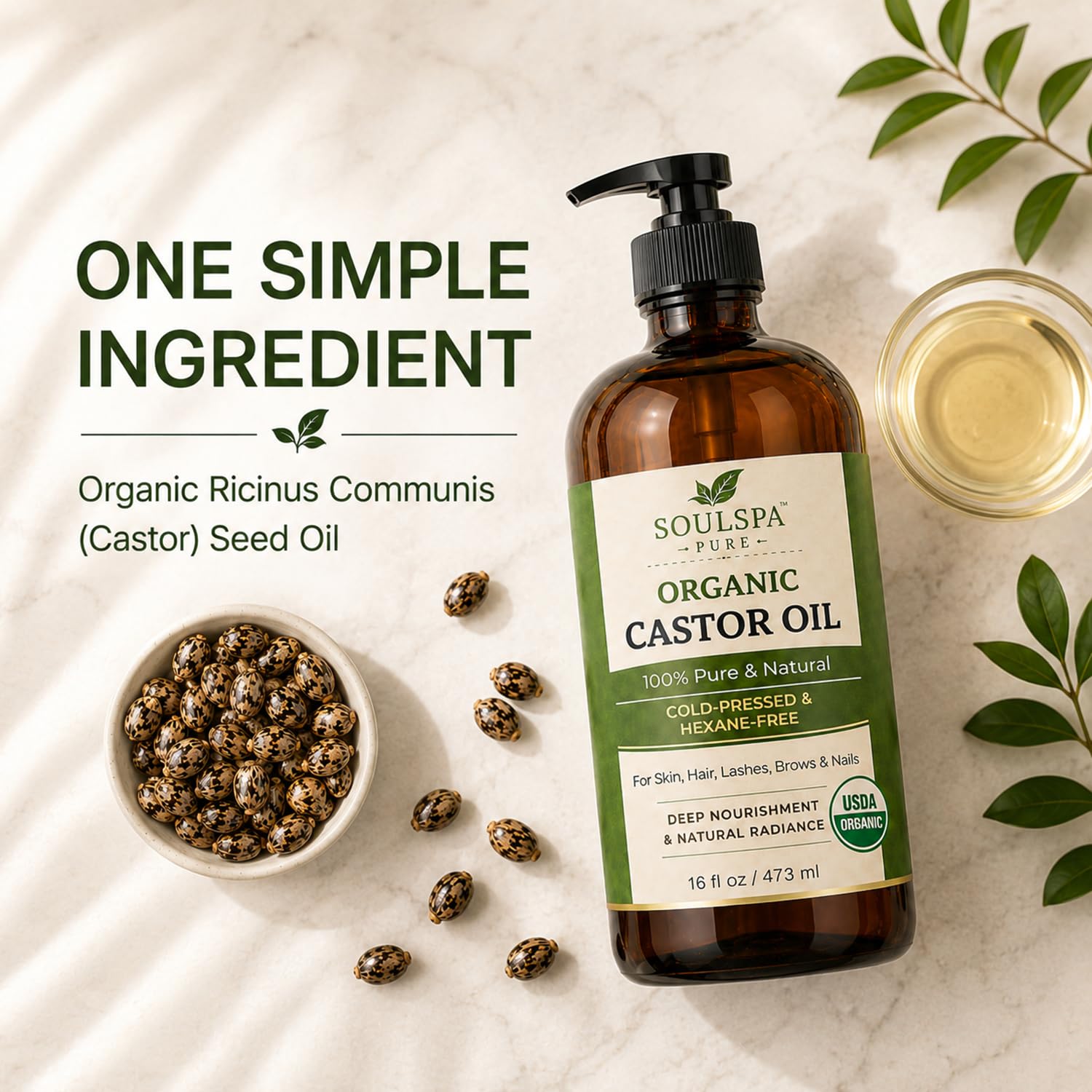 SOULSPA PURE Organic Castor Oil, USDA Certified, Cold Pressed & Hexane Free, 16 fl oz Amber Glass Bottle with Pump for Hair, Scalp, Lashes, Brows, Skin & Nails