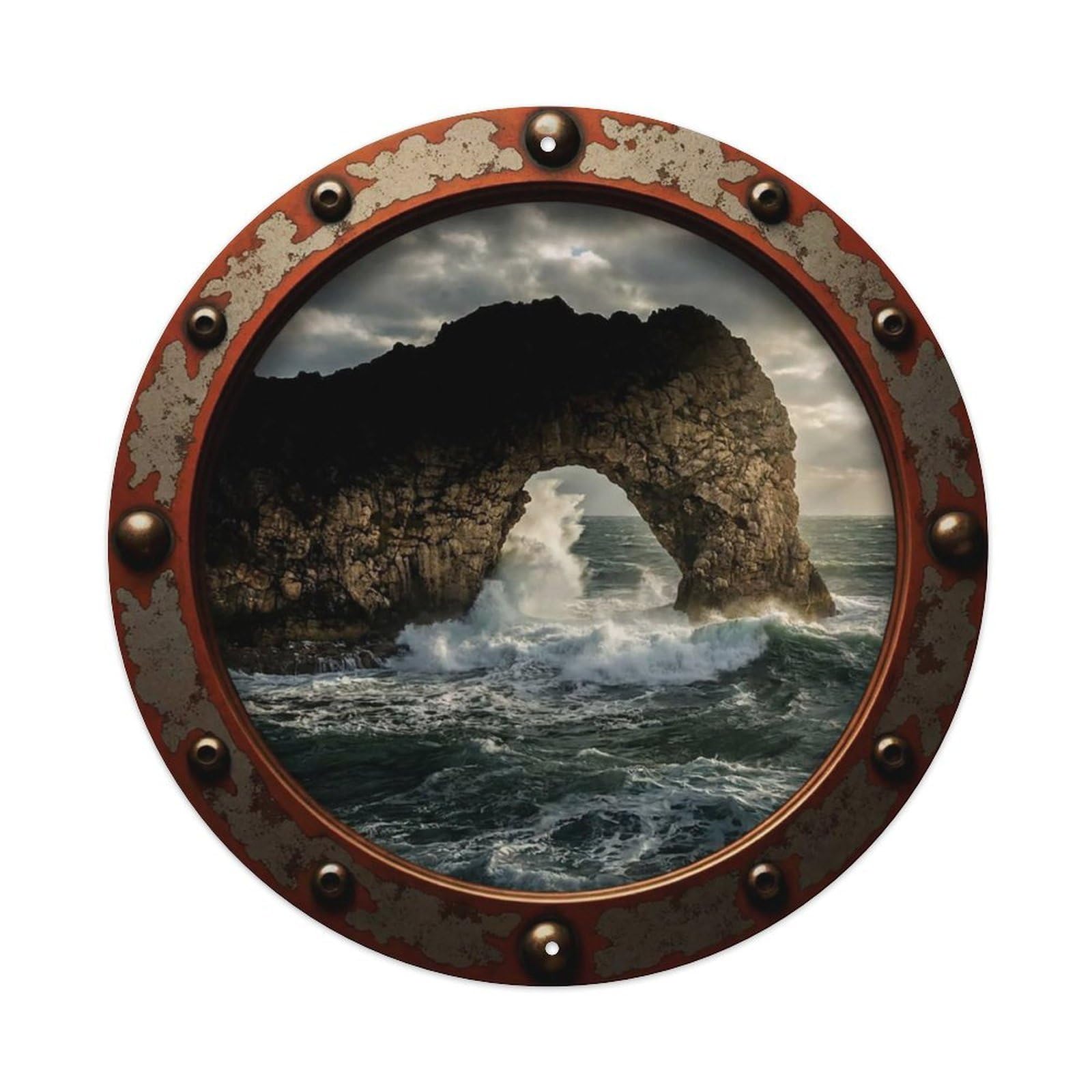 Vintage Porthole Stone Arch Island View Vintage Metal Tin Sign Plaque Wall Decor for Cafe, Club Bar, Office, Garden Metal Poster 8x8Inch