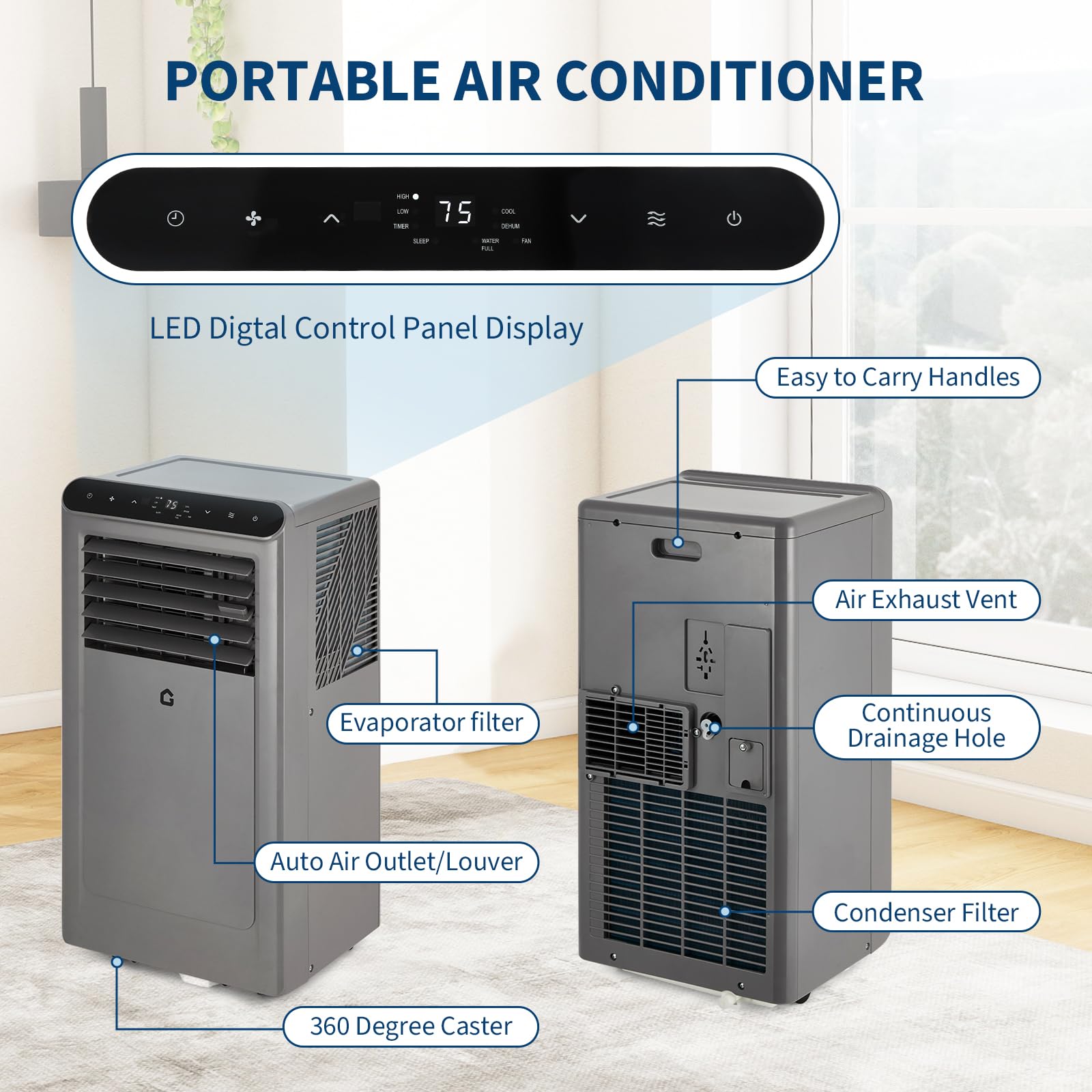 Aire acondicionado portátil de 8000 BTU con control remoto, unidad de CA silenciosa 4 en 1, deshumidificador y ventilador para habitaciones de 350 pies cuadrados. Incluye kit de ventana, temporizador 4