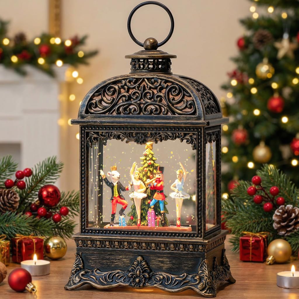 Christmas Snow Globe Lantern with Nutcracker Battles The Mouse King，Lighted Swirling Glittering Snow Globes with Music & Timer, Christmas Decorations for Home Tabletop Indoor