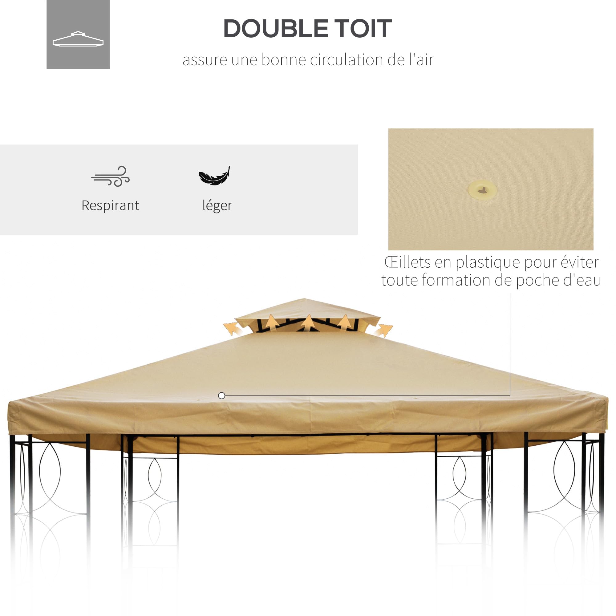 Outsunny Toile de Rechange pour Pavillon Tonnelle Tente 3 x 4 m Polyester Haute densité 180 g/m² Beige