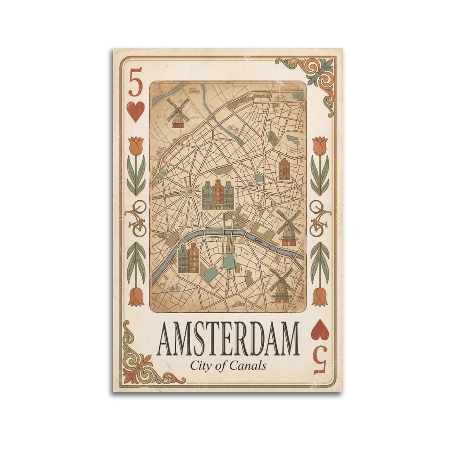 OKNGB Vintage City Map Poster Amsterdam Canals Playing Card Style Travel Decorative Painting Canvas Art Picture 20x30inch(50x75cm)