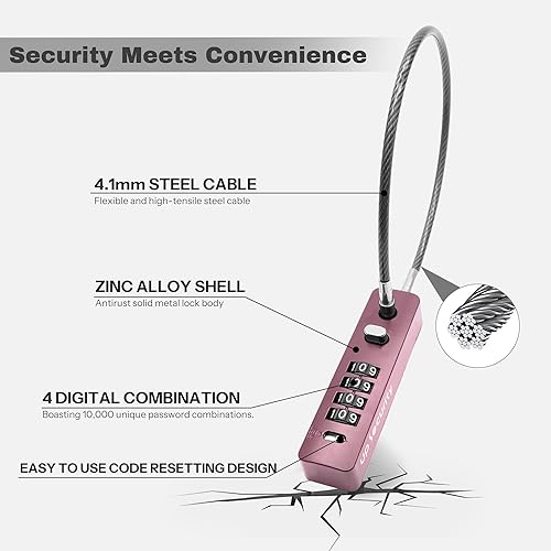 Miniatura 3 de Candado de cable de combinación de 4 dígitos para casco de bicicleta, scooter y motocicleta, cadena de cable de 11.8 pulgadas, color rosa, cerradura