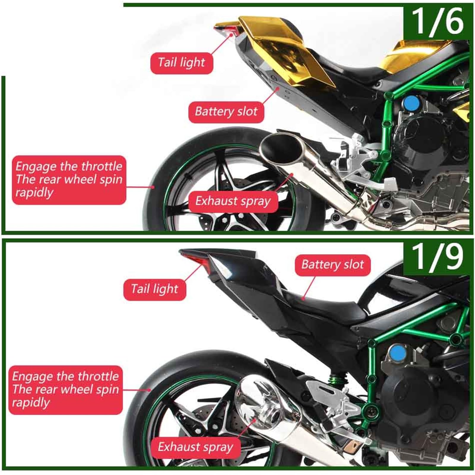 Moto en Alliage pour Kawasaki H2R, Modèle Dynamique, Clé De Démarrage, Course, Spray, Sport, Lumière Sonore, Jouet 1:6 1:9