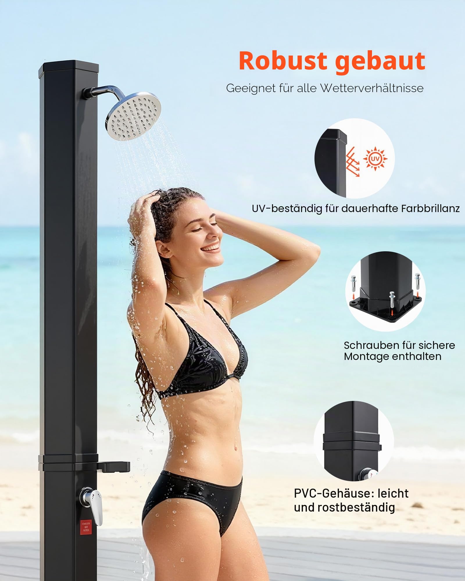 VEVOR Solardusche 35 L, Solar Gartendusche 2160 mm Hoch, Pooldusche mit Seifenablage, Warm- & Kaltwasserregulierung, Freistehend, Campingdusche für Garten, Poolbereich, Strandpool, Schwarz