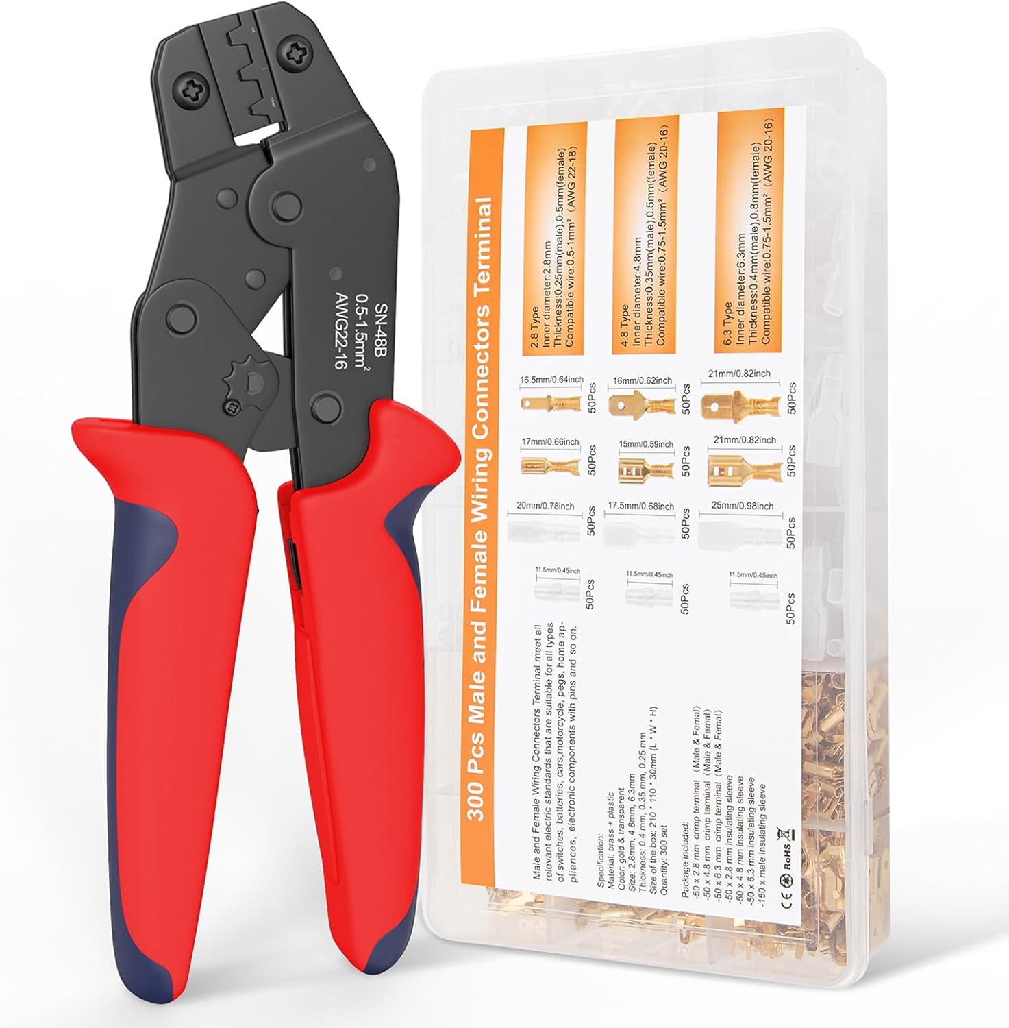Crimping Tool Connector kit Ratcheting Wire Crimper Tool for 300PCS Male Female Spade Terminal Connectors Kit with Insulating Sleeve, Electrical Crimping Tool Crimping Pliers for 22-16 AWG