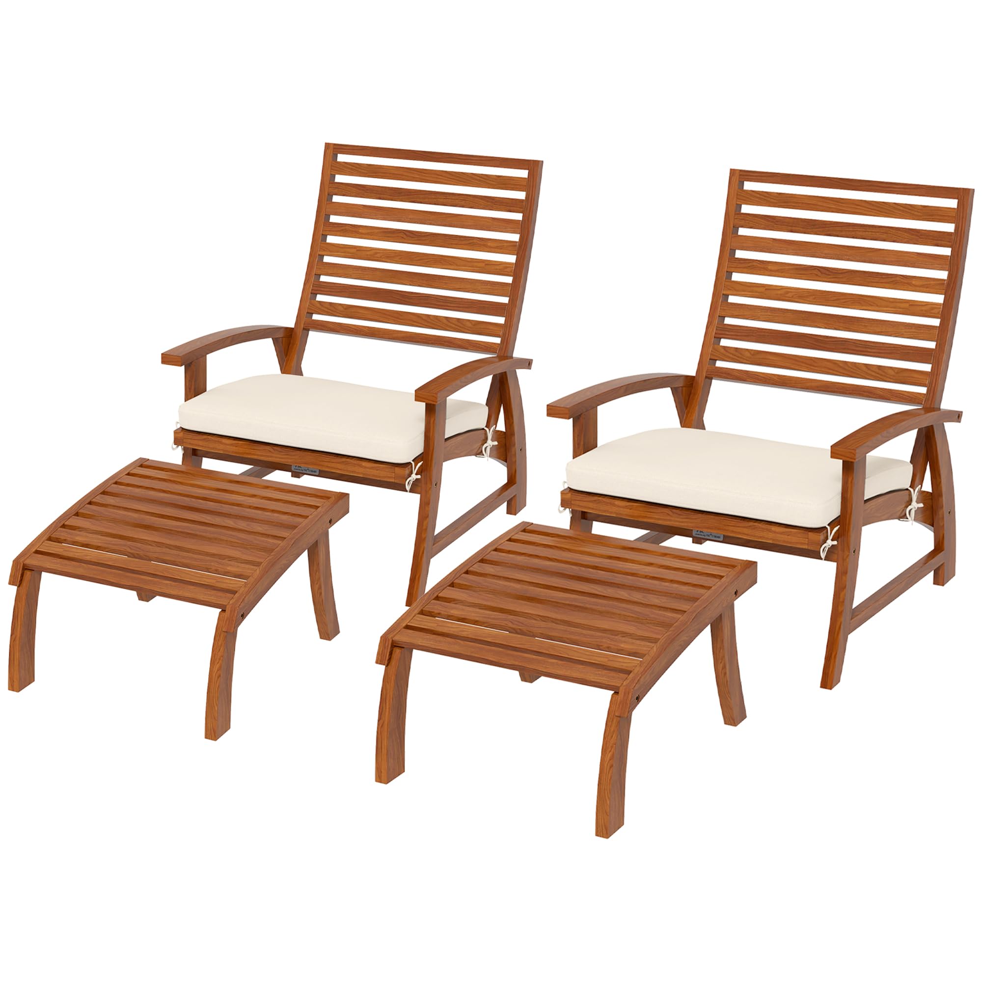 Outsunny Sillones de jardín - Silla de jardín con reposapiés - sillas Relax con reposapiés - Madera de acacia con cojines crema